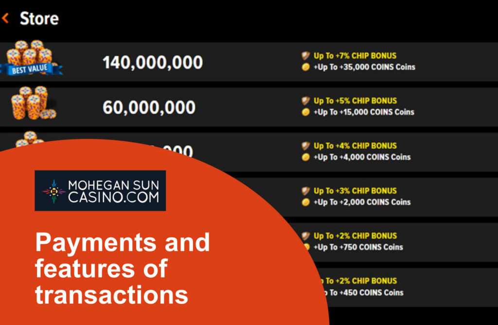 Payments and features of transactions Mohegan sun